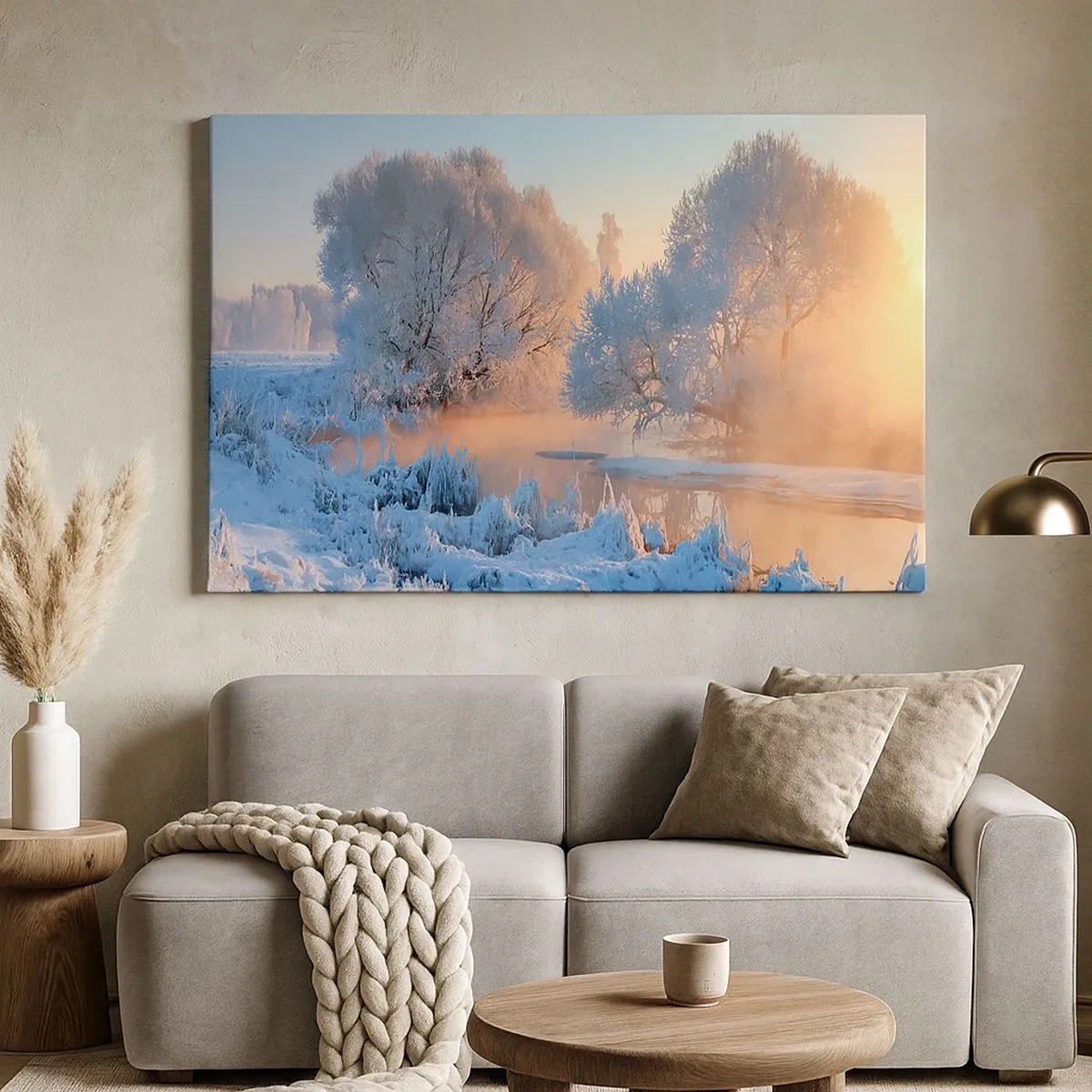 Quadro em tela - Paisagem de inverno com árvores cobertas de neve e um pôr do sol - 70x50cm - Tudo brilha como cristal ao sol - Decoração de parede moderna para a sala de estar e quarto ARTTOR
