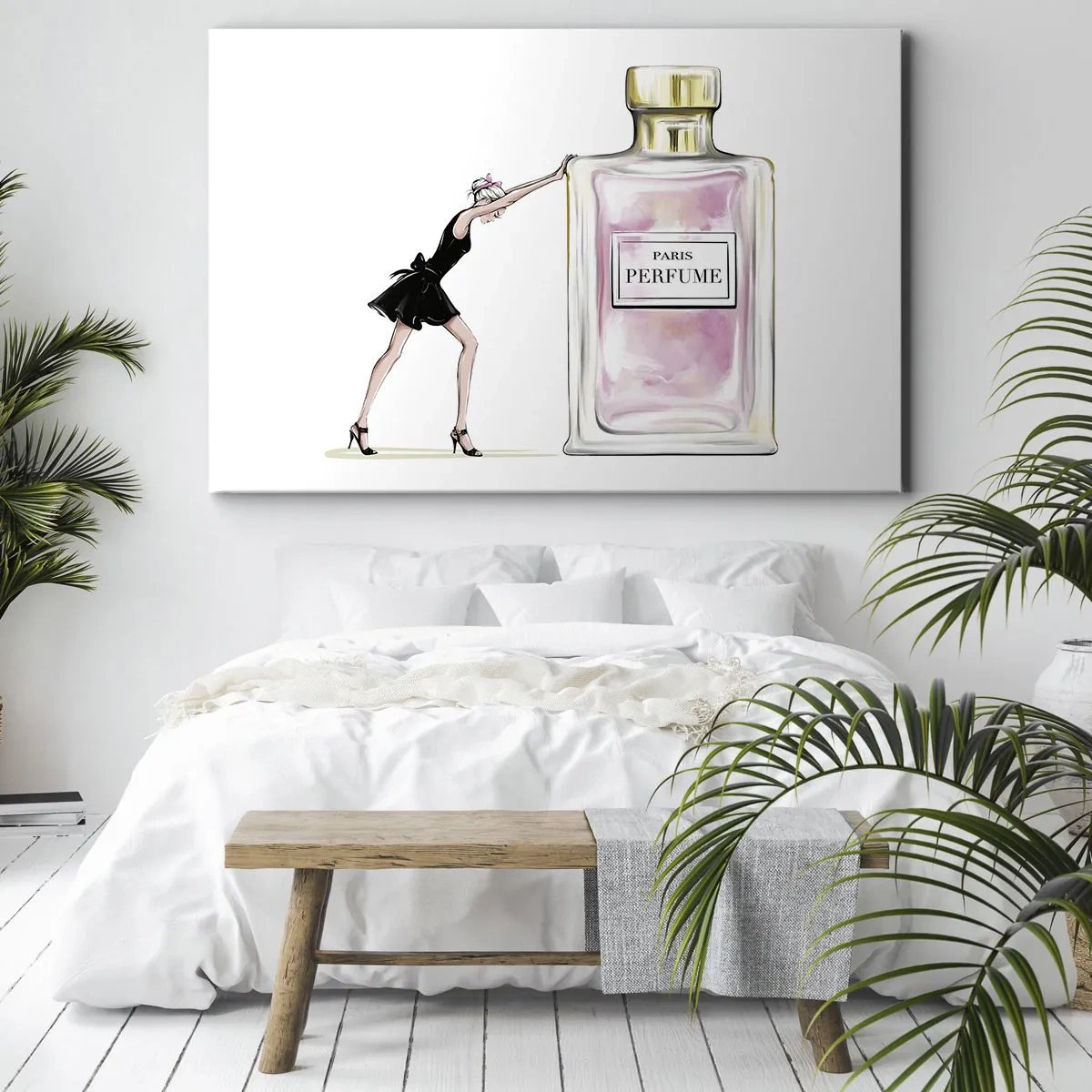 Quadro em tela - Uma mulher de vestido preto ao lado de um frasco de perfume - 70x50cm - A essência da feminilidade - Decoração de parede moderna para a sala de estar e quarto ARTTOR