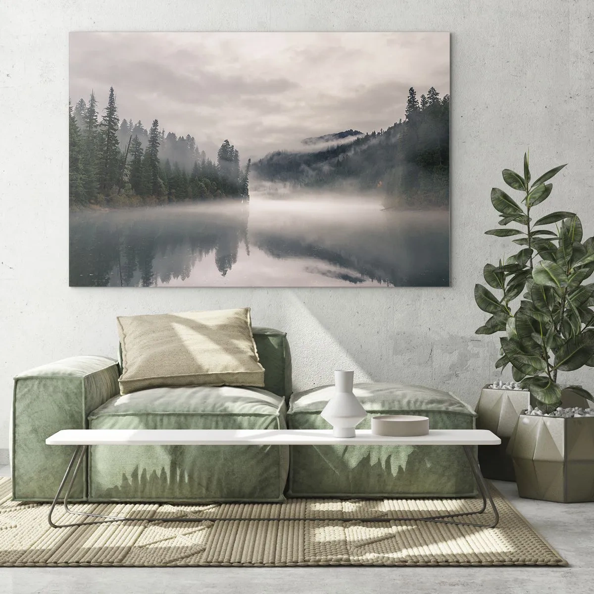 Quadro em vidro - Vista matinal de um lago na floresta, envolto em neblina - 70x50cm - Em devaneio, na névoa - Decoração de parede moderna para a sala de estar e quarto ARTTOR