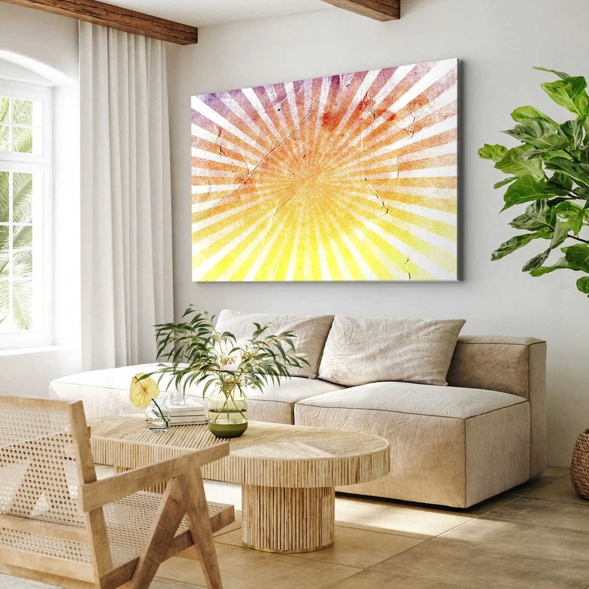 Quadro em tela - Raios de sol em tons de laranja e amarelo - 70x50cm - Nasceres e entardeceres - Decoração de parede moderna para a sala de estar e quarto ARTTOR