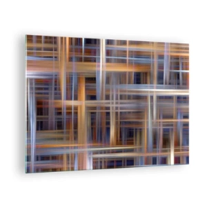 Quadro em vidro - Padrão geométrico de linhas e cores em estilo abstrato - 70x50cm - Tecido de luz - Decoração de parede moderna para a sala de estar e quarto ARTTOR
