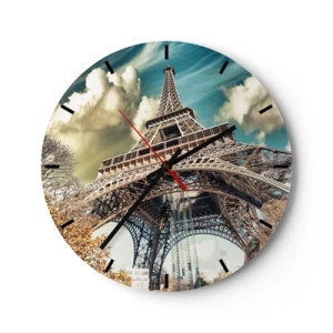Relógio de parede - Relógio em vidro - A Torre Eiffel tendo como pano de fundo um céu de outono com nuvens - 30x30cm - E no outono em Paris... - Decoração de parede moderna para a sala de estar, cozinha e quarto ARTTOR