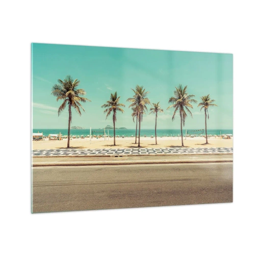 Quadro em vidro - Palmeiras no calçadão com a praia e o oceano ao fundo - 70x50cm - Em guarda da praia - Decoração de parede moderna para a sala de estar e quarto ARTTOR