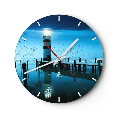 Relógio de parede - Relógio em vidro - Um farol iluminado à noite sobre um mar calmo - 30x30cm - E não se teme o escuro - Decoração de parede moderna para a sala de estar, cozinha e quarto ARTTOR
