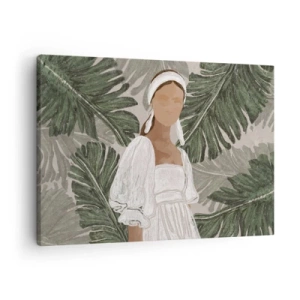 Quadro em tela - Retrato de uma mulher em um vestido branco contra um fundo de folhas de monstera - 70x50cm - Retrato exótico - Decoração de parede moderna para a sala de estar e quarto ARTTOR