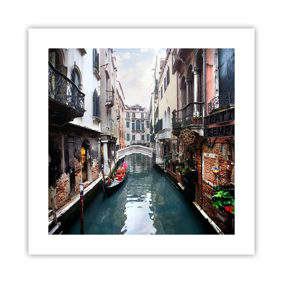 Pôster - Paisagem veneziana com gôndola e ponte - 40x40 cm
