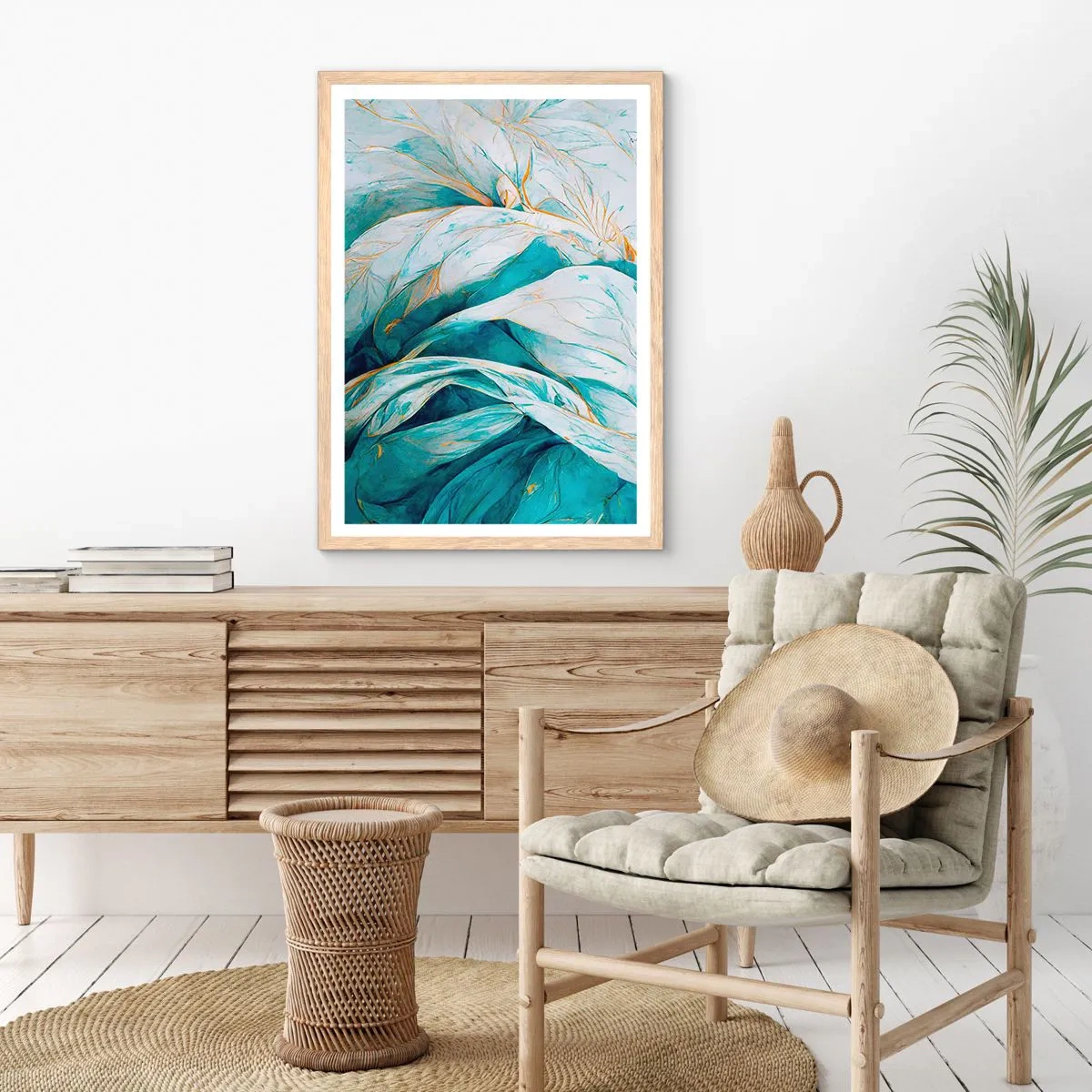 Pôster com moldura de carvalho claro - Abstração azul com lema dourado - 70x100 cm