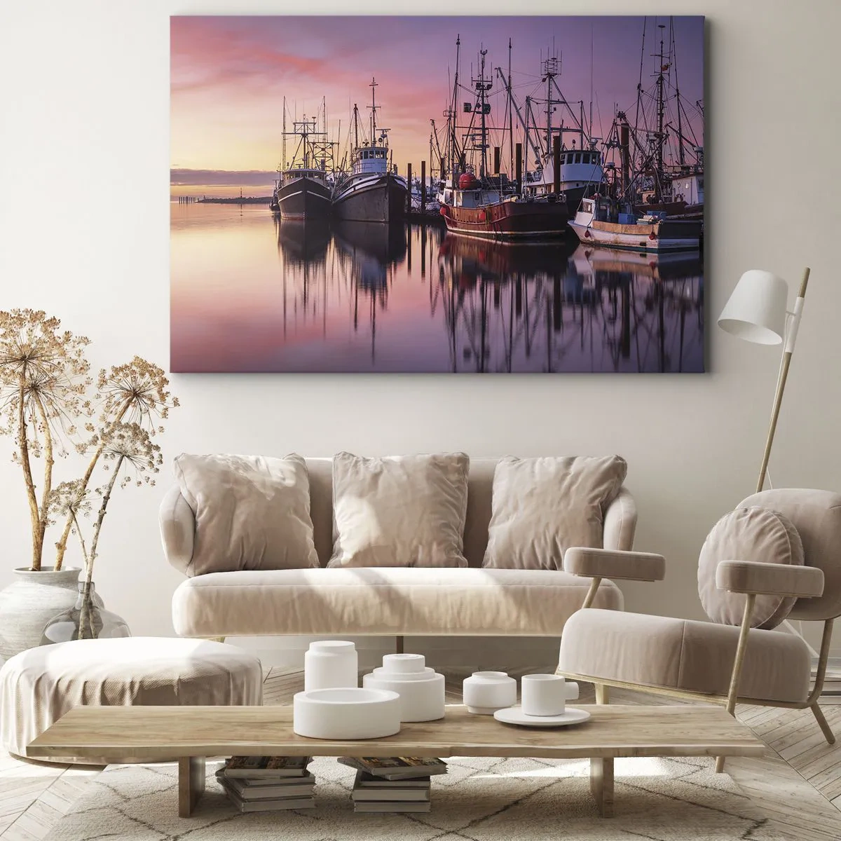Quadro em tela - Barcos de pesca no porto ao pôr do sol - 70x50cm - Antes do dia seguinte - Decoração de parede moderna para a sala de estar e quarto ARTTOR