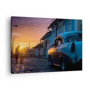 Quadro em tela - Carro retrô e bicicleta na rua à luz do pôr do sol - 70x50cm - Aqui é onde o tempo abranda - Decoração de parede moderna para a sala de estar e quarto ARTTOR