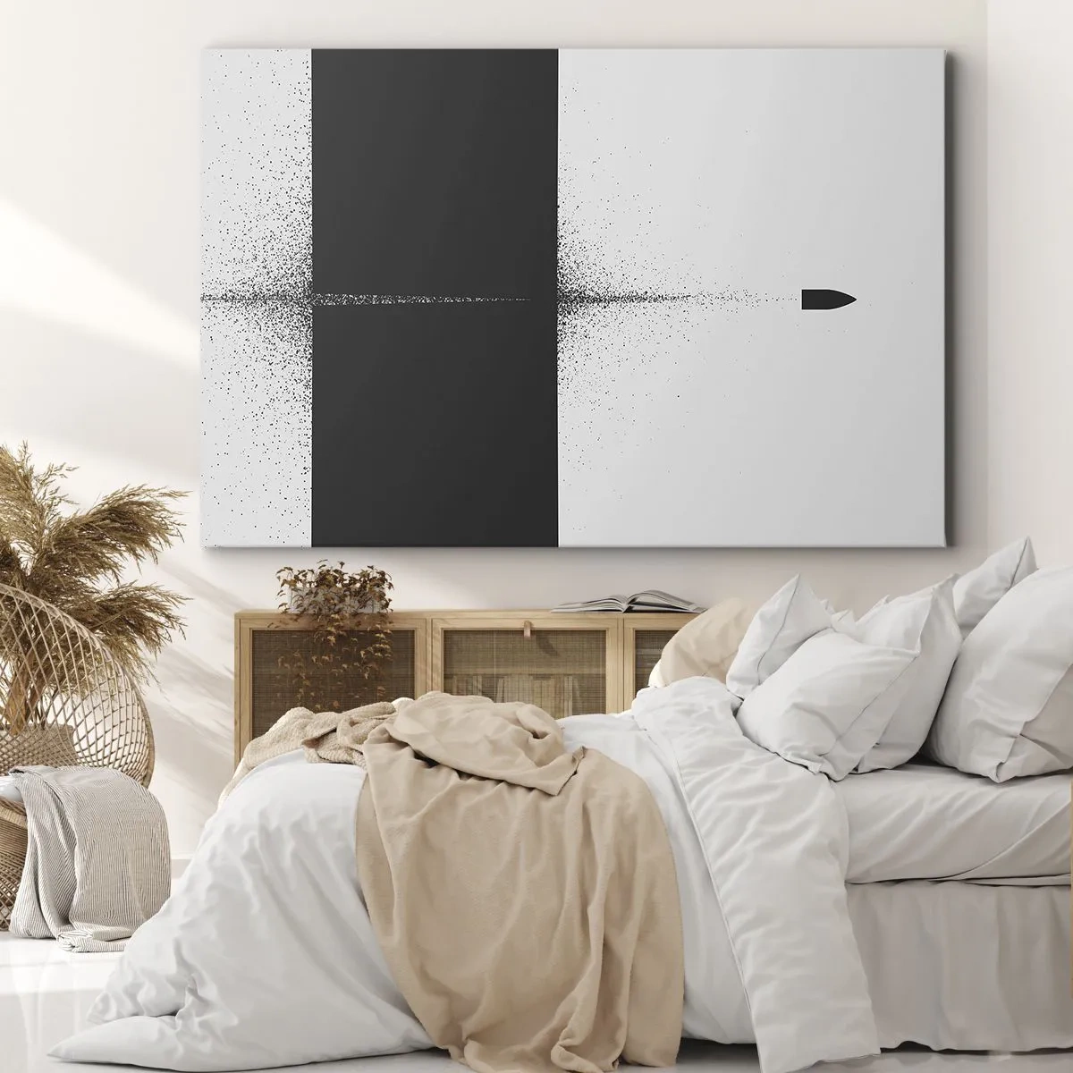 Quadro em tela - Um projétil simbólico em um estilo minimalista e abstrato. - 70x50cm - Direto para o destino - Decoração de parede moderna para a sala de estar e quarto ARTTOR