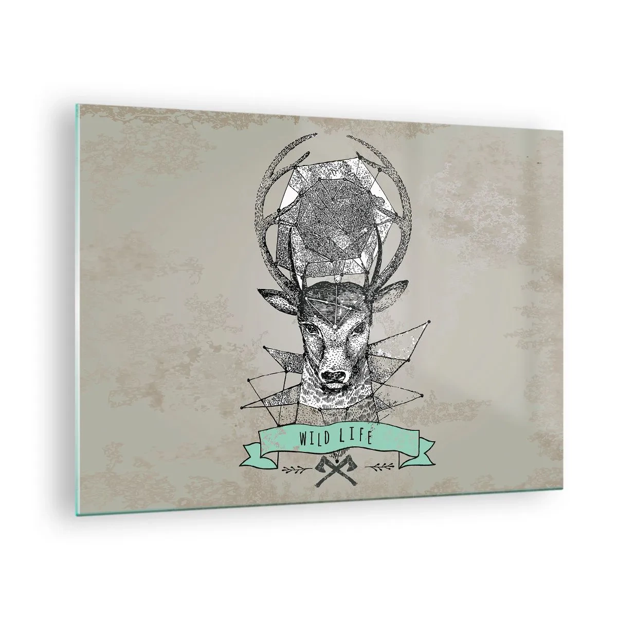 Quadro em vidro - Desenho geométrico de um veado com a inscrição Vida Selvagem - 70x50cm - A Visão de Santo Hubertus - Decoração de parede moderna para a sala de estar e quarto ARTTOR