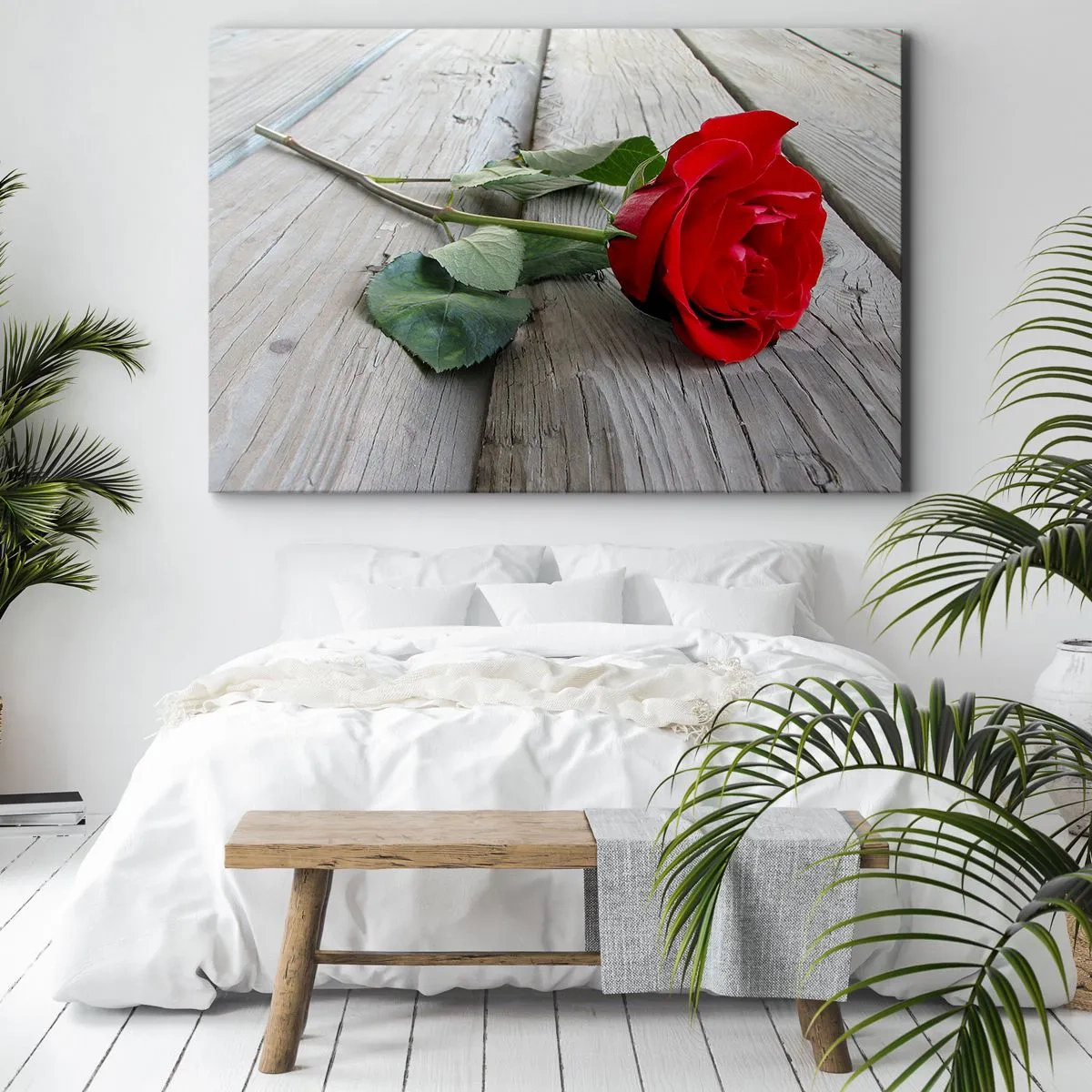 Quadro em tela - Rosa vermelha em um fundo de madeira - 70x50cm - Um estudo em vermelho - Decoração de parede moderna para a sala de estar e quarto ARTTOR