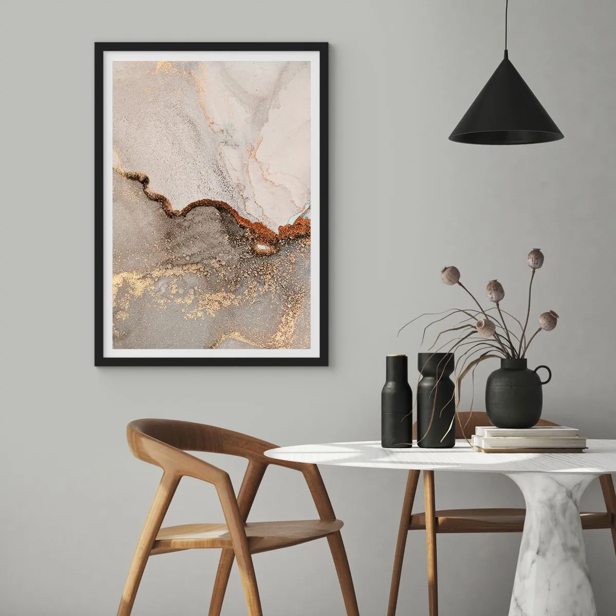 Pôster com moldura preta - Padrão abstrato de mármore com detalhes em ouro e cobre - 50x70cm - No limite das cores - Decoração de parede moderna para a sala de estar e quarto ARTTOR