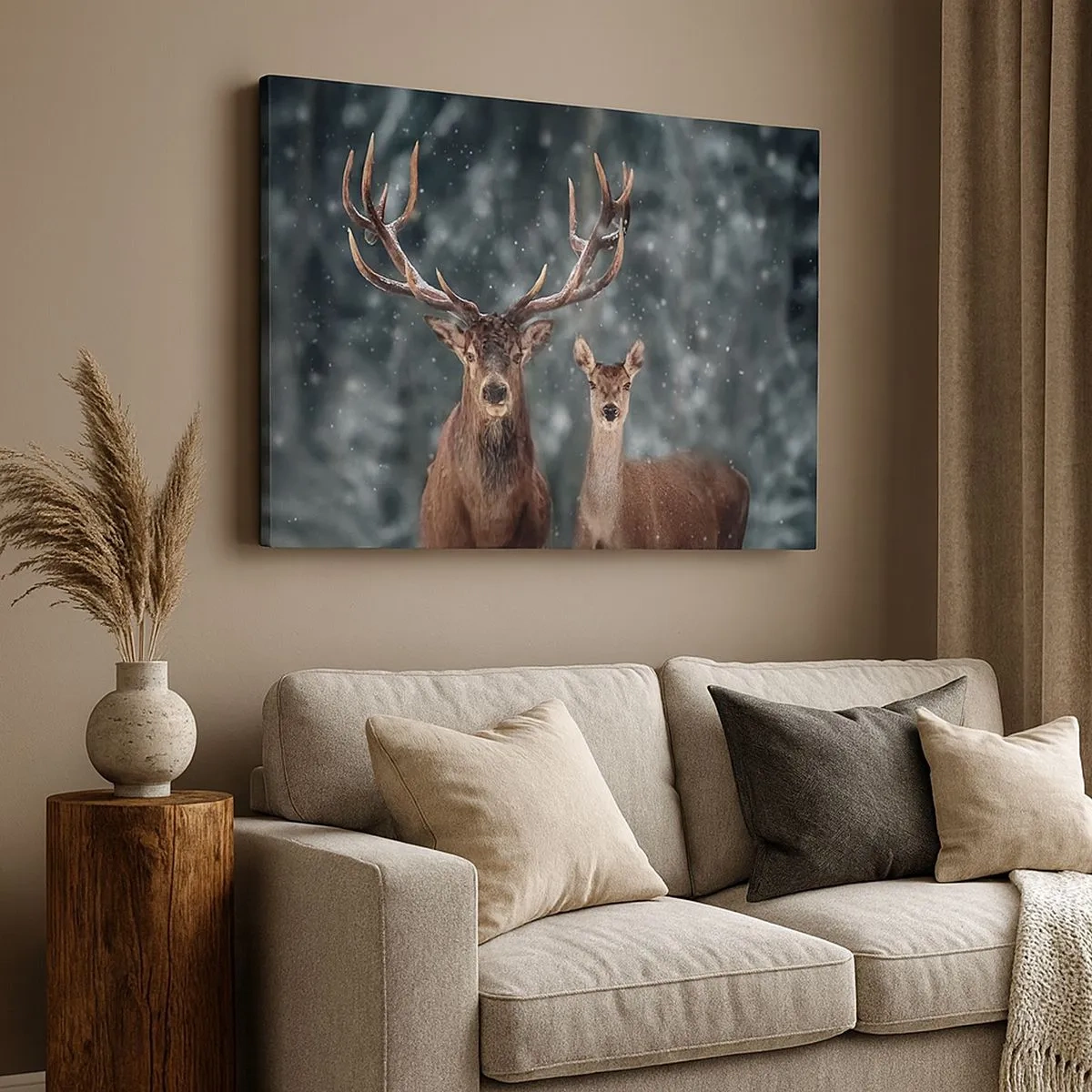 Quadro em tela - Veados em uma floresta de inverno coberta de neve - 70x50cm - O senhor da floresta com sua esposa - Decoração de parede moderna para a sala de estar e quarto ARTTOR