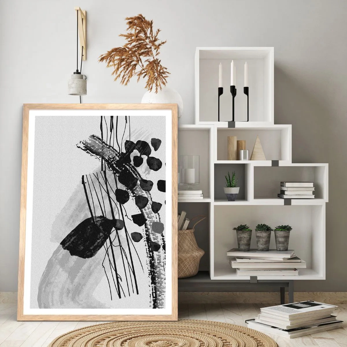 Pôster com moldura de carvalho claro - Abstração orgánica em preto e branco - 70x100 cm