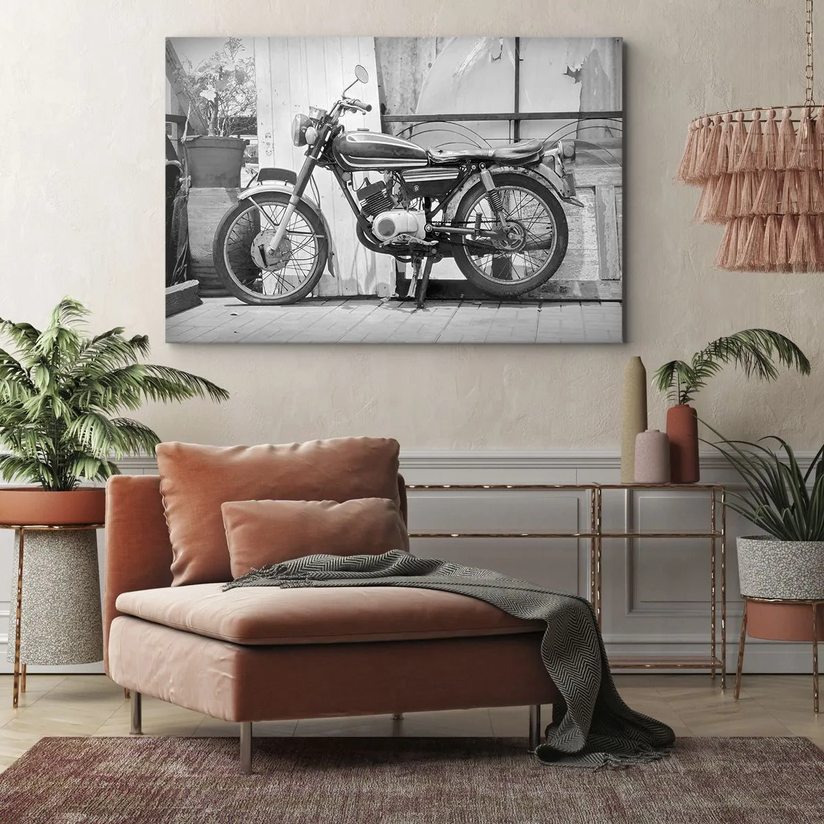 Quadro em tela - Foto em preto e branco de uma motocicleta clássica - 70x50cm - O clássico acima de tudo - Decoração de parede moderna para a sala de estar e quarto ARTTOR