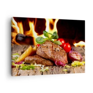 Quadro em tela - Bife grelhado com acompanhamentos em frente às chamas - 70x50cm - Feito com brasas - Decoração de parede moderna para a sala de estar e quarto ARTTOR