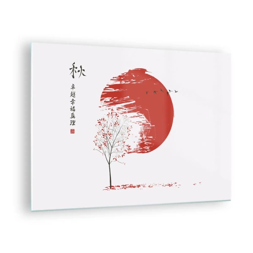 Quadro em vidro - Círculo vermelho e árvore em estilo oriental - 70x50cm - Conhece este país? - Decoração de parede moderna para a sala de estar e quarto ARTTOR