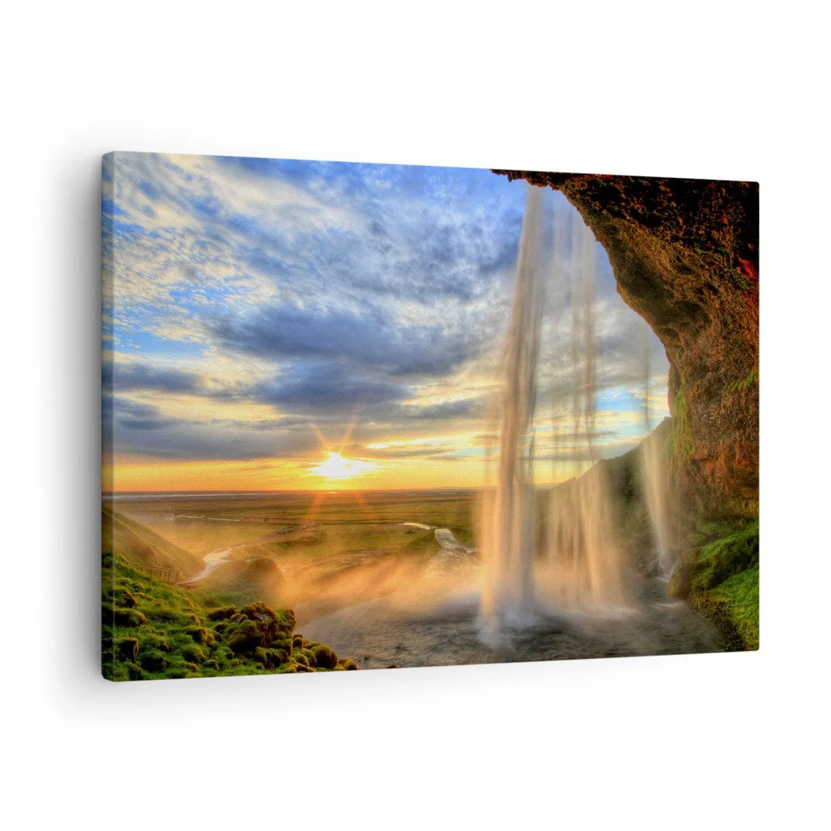 Quadro em tela - Uma cachoeira iluminada pela luz do sol em um cenário paisagístico - 70x50cm - O mundo por trás das gotas - Decoração de parede moderna para a sala de estar e quarto ARTTOR
