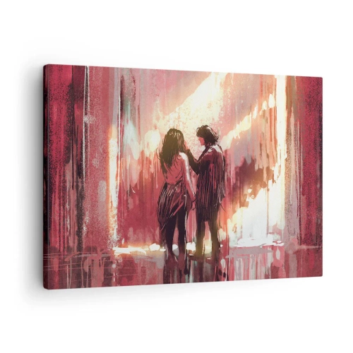 Quadro em tela - Um casal em pé sob uma luz quente contra um fundo de padrões abstratos. - 70x50cm - O eterno espetáculo do amor - Decoração de parede moderna para a sala de estar e quarto ARTTOR