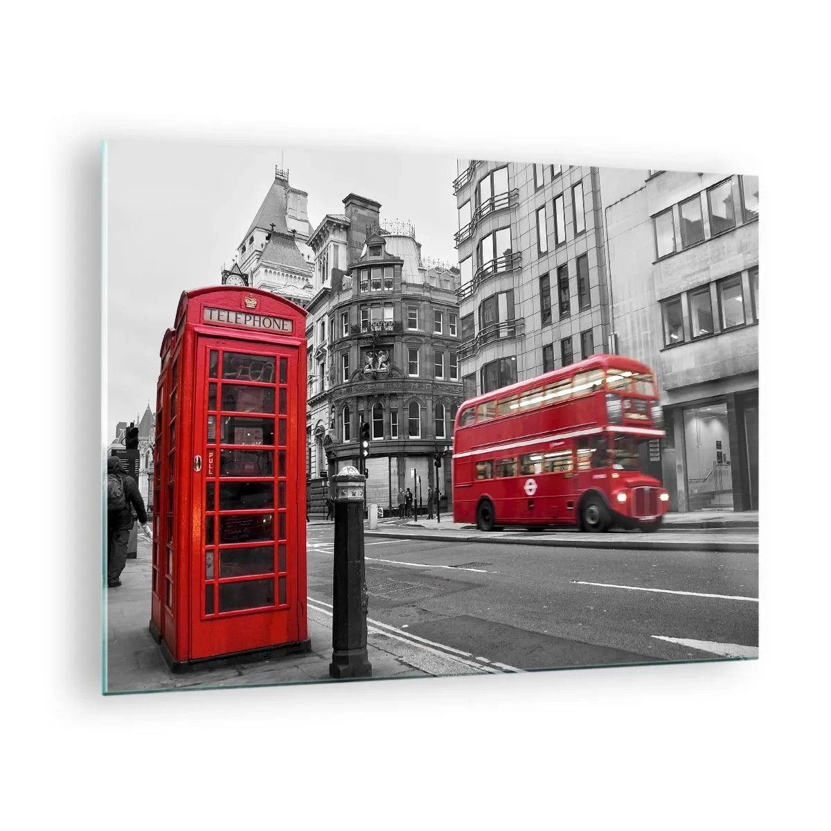 Quadro em vidro - Cabine telefônica vermelha e ônibus em Londres - 70x50cm - O mais vermelho da Europa - Decoração de parede moderna para a sala de estar e quarto ARTTOR