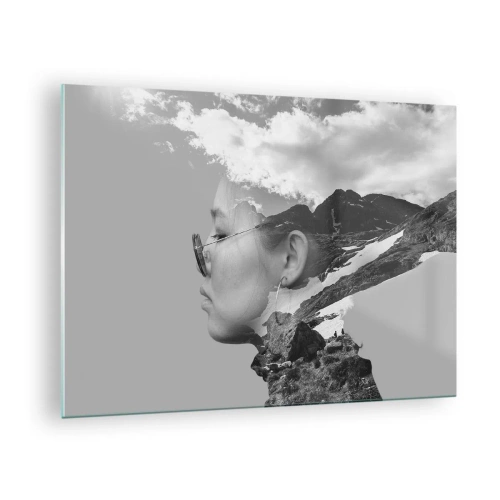 Quadro em vidro - Um retrato criativo de dupla exposição com uma paisagem de montanha e nuvens - 70x50cm - Retrato das montanhas e da nuvem - Decoração de parede moderna para a sala de estar e quarto ARTTOR