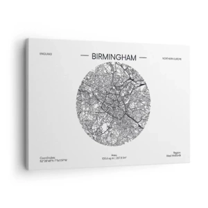 Quadro em tela - Um mapa minimalista em preto e branco de Birmingham com detalhes precisos. - 70x50cm - Anatomia de Birmingham - Decoração de parede moderna para a sala de estar e quarto ARTTOR