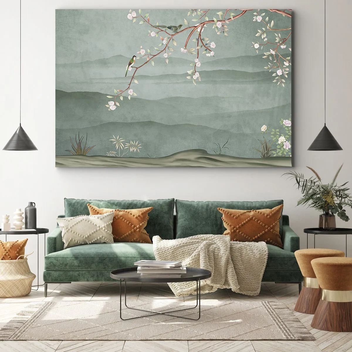 Quadro em tela - Uma imagem pitoresca de um galho de árvore florido com pássaros tendo como pano de fundo colinas verdes. - 70x50cm - Primavera, oh, és tu - Decoração de parede moderna para a sala de estar e quarto ARTTOR