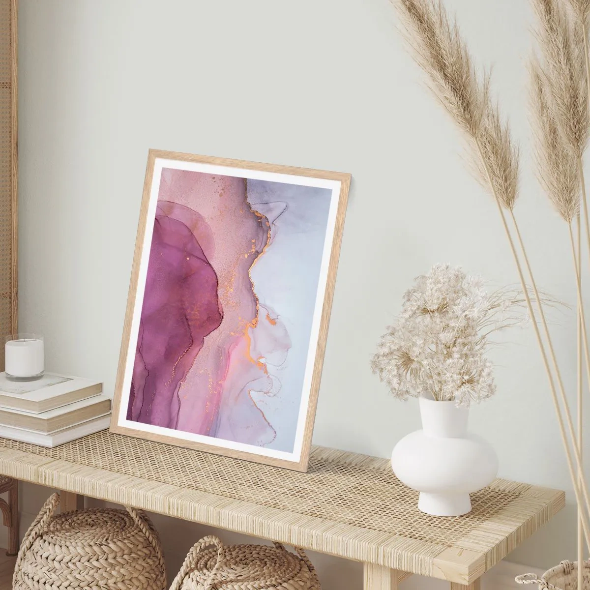 Pôster com moldura de carvalho claro - Ondas de lilás e roxo - 70x100 cm