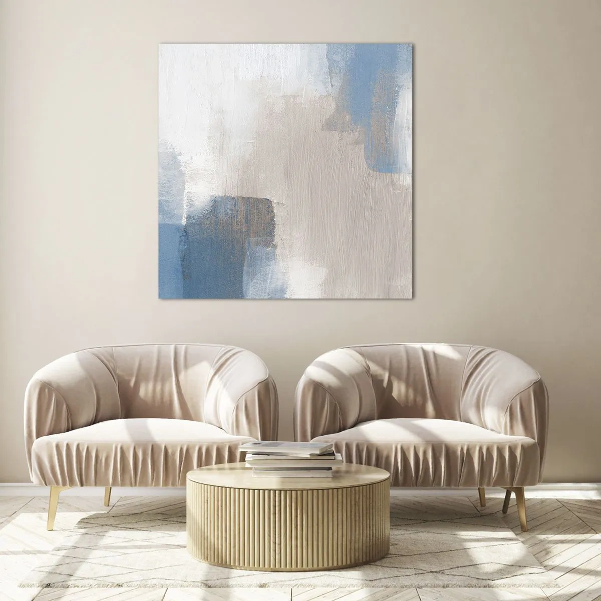 Quadro em vidro - Abstração rosa atrás da cortina azul - 60x60 cm