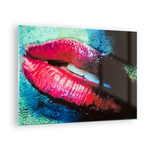 Quadro em vidro - Lábios vermelhos em um fundo de cores intensas - 70x50cm - Sensual e perturbador - Decoração de parede moderna para a sala de estar e quarto ARTTOR