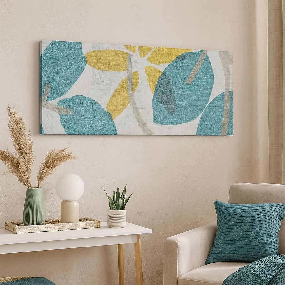 Quadro em tela - Entre as folhas azuis - 100x40 cm