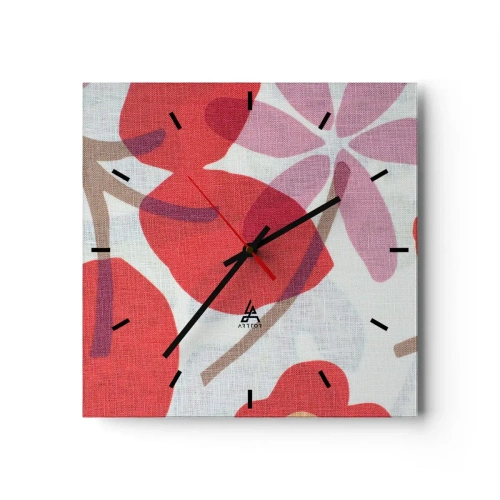 Relógio de parede - Relógio em vidro - Arranjo de flores em rosa - 30x30 cm