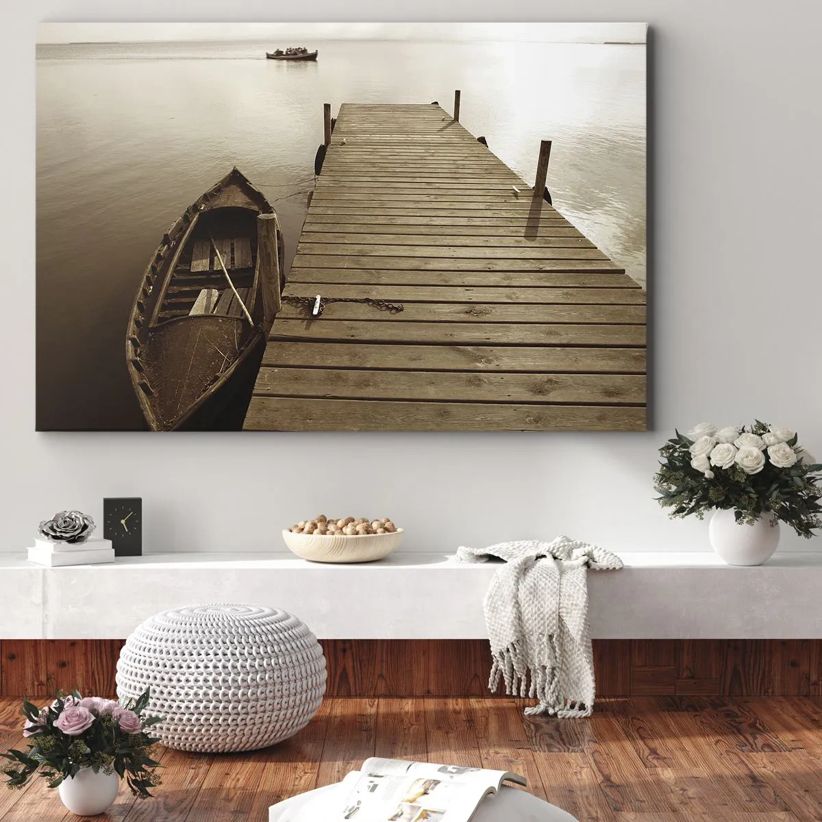 Quadro em tela - Píer de madeira e barco em um lago calmo - 70x50cm - Paz de espírito - Decoração de parede moderna para a sala de estar e quarto ARTTOR