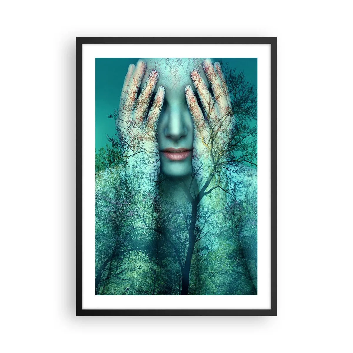 Pôster com moldura preta - Rosto de mulher com paisagem florestal em estilo de dupla exposição. - 50x70cm - Imersa em azul - Decoração de parede moderna para a sala de estar e quarto ARTTOR