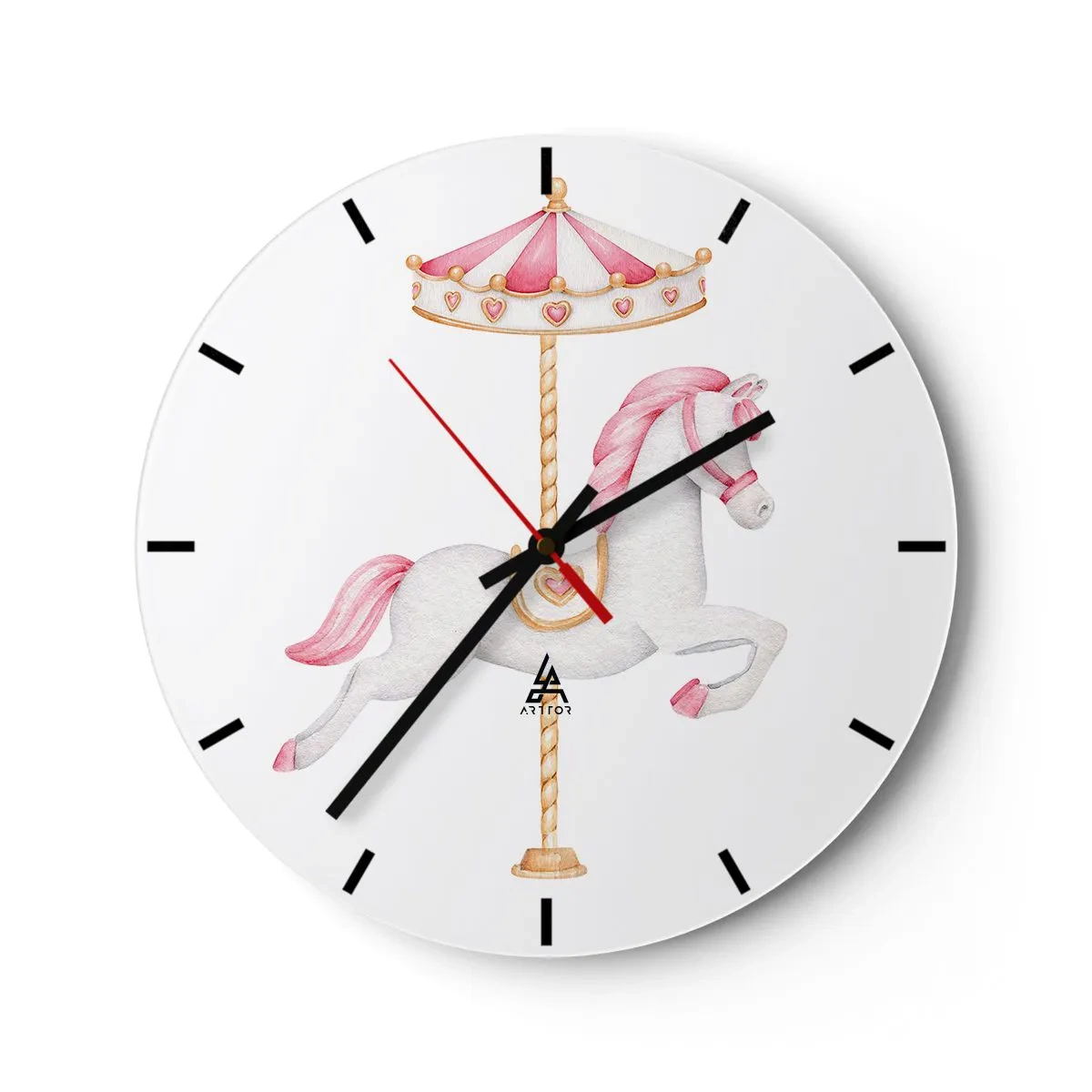 Relógio de parede - Relógio em vidro - Um cavalo de carrossel branco com uma sela rosa em um fundo branco - 30x30cm - Caiu no chão - Decoração de parede moderna para a sala de estar, cozinha e quarto ARTTOR