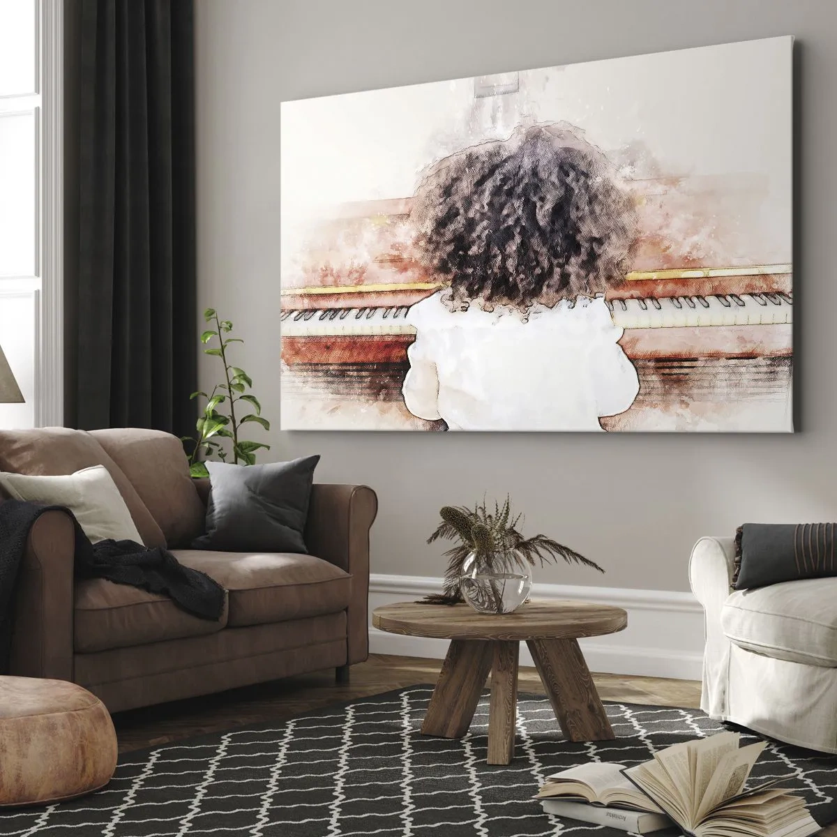 Quadro em tela - Uma garota com cabelo espesso ao piano - 70x50cm - Num mundo novo - Decoração de parede moderna para a sala de estar e quarto ARTTOR