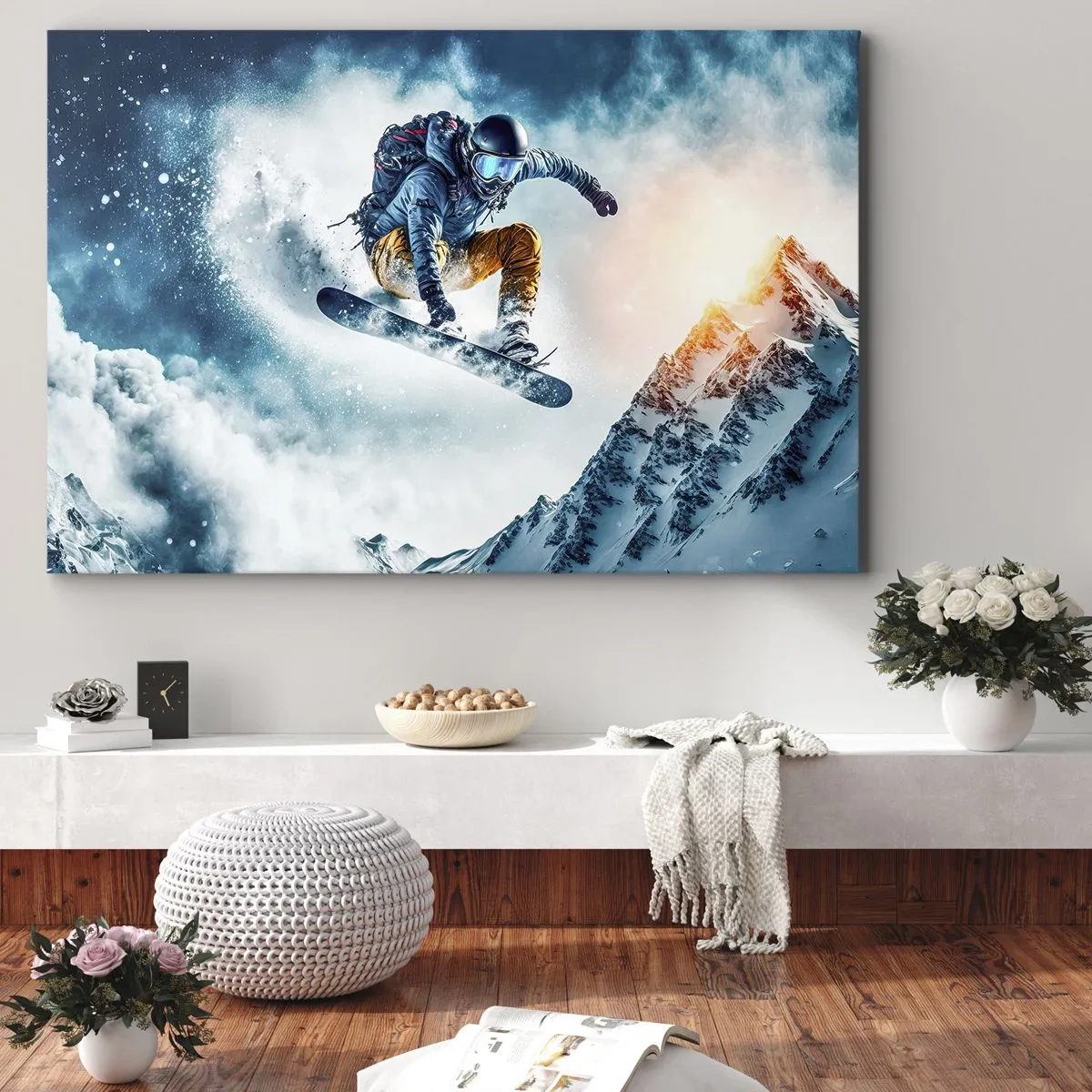 Quadro em tela - Um snowboarder voa sobre montanhas cobertas de neve - 70x50cm - Emoções extremas - Decoração de parede moderna para a sala de estar e quarto ARTTOR