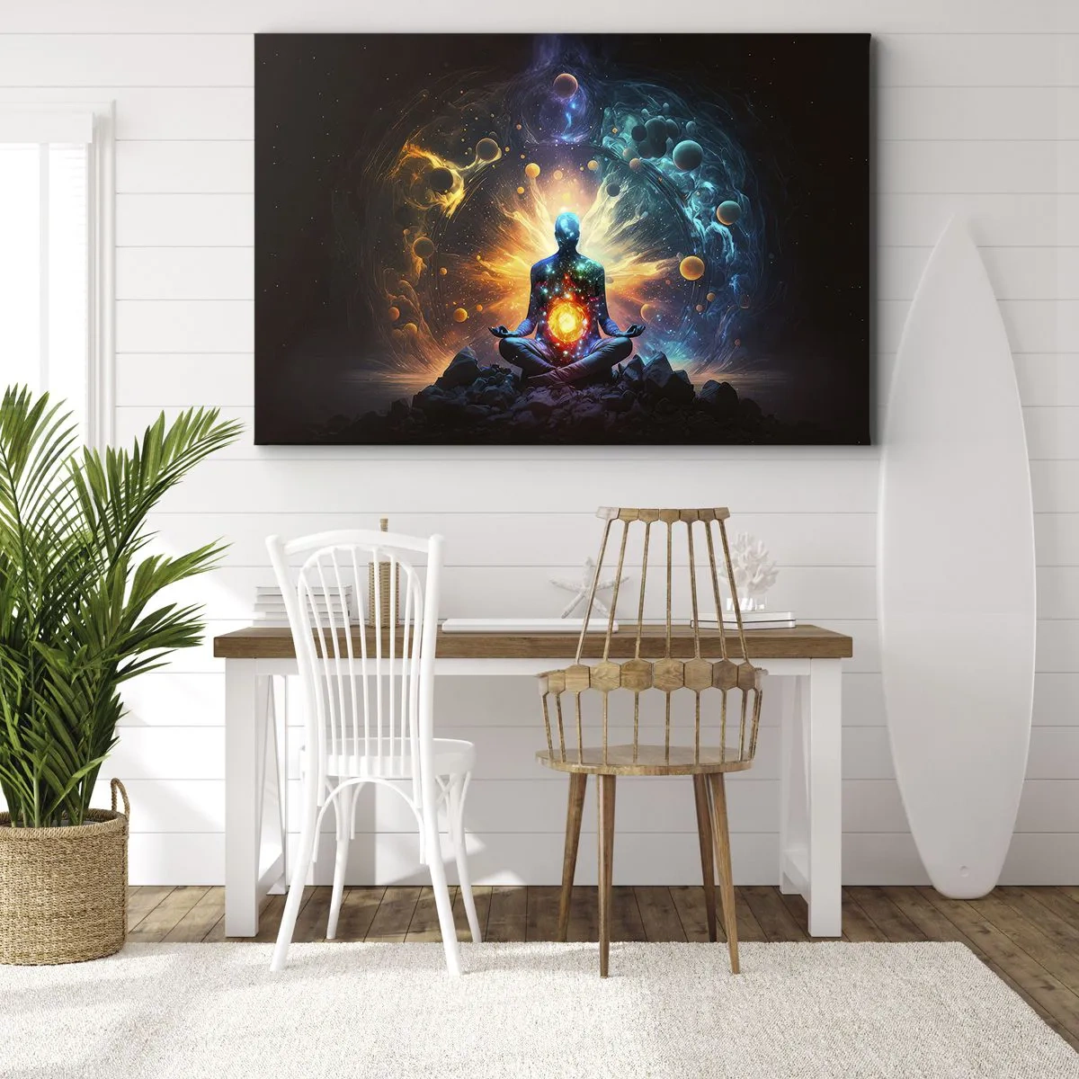 Quadro em tela - Uma figura em meditação cercada por uma aura cósmica - 70x50cm - Paz cósmica - Decoração de parede moderna para a sala de estar e quarto ARTTOR