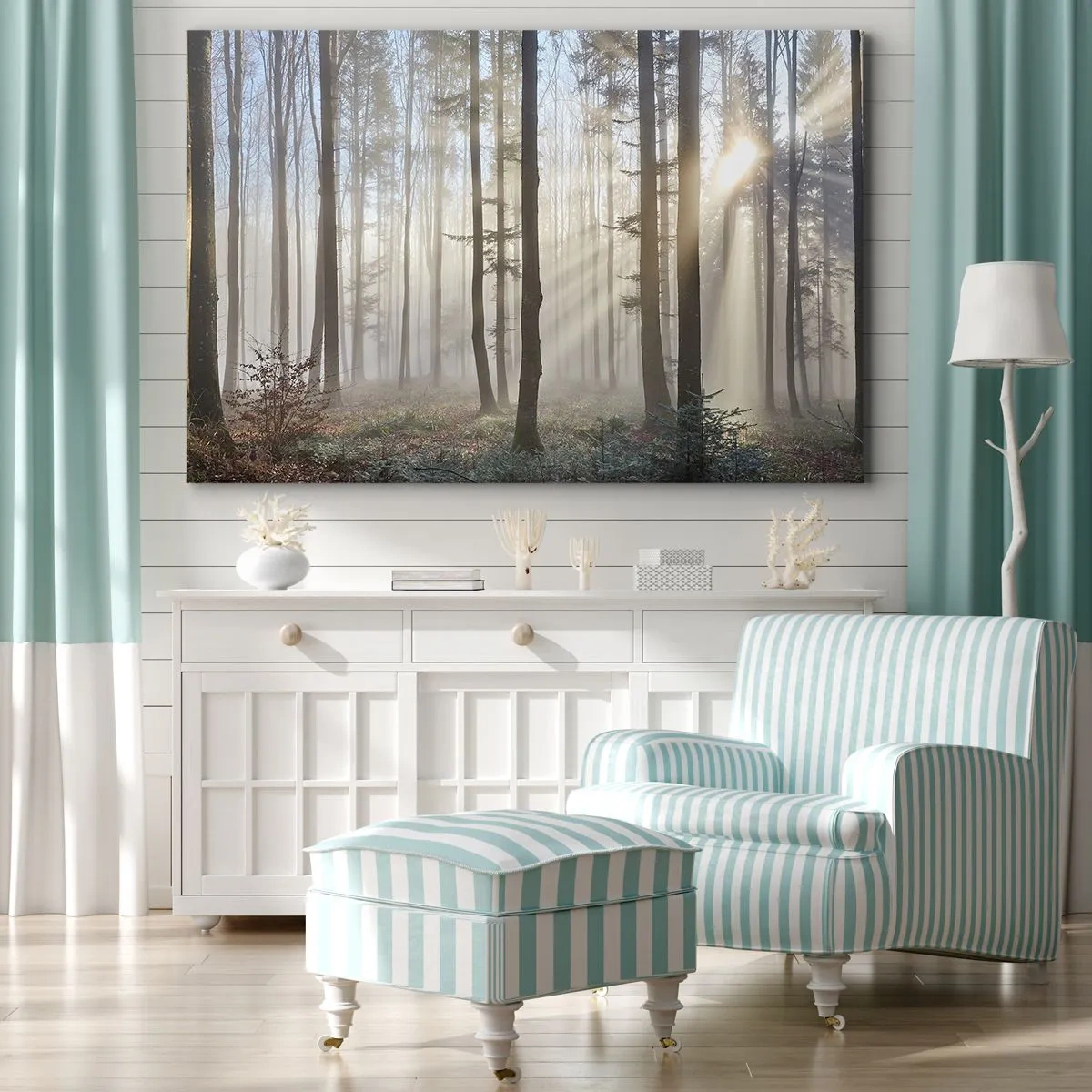 Quadro em tela - Uma floresta em meio a uma leve neblina com raios de sol brilhando através das árvores - 70x50cm - O nevoeiro também acordou - Decoração de parede moderna para a sala de estar e quarto ARTTOR