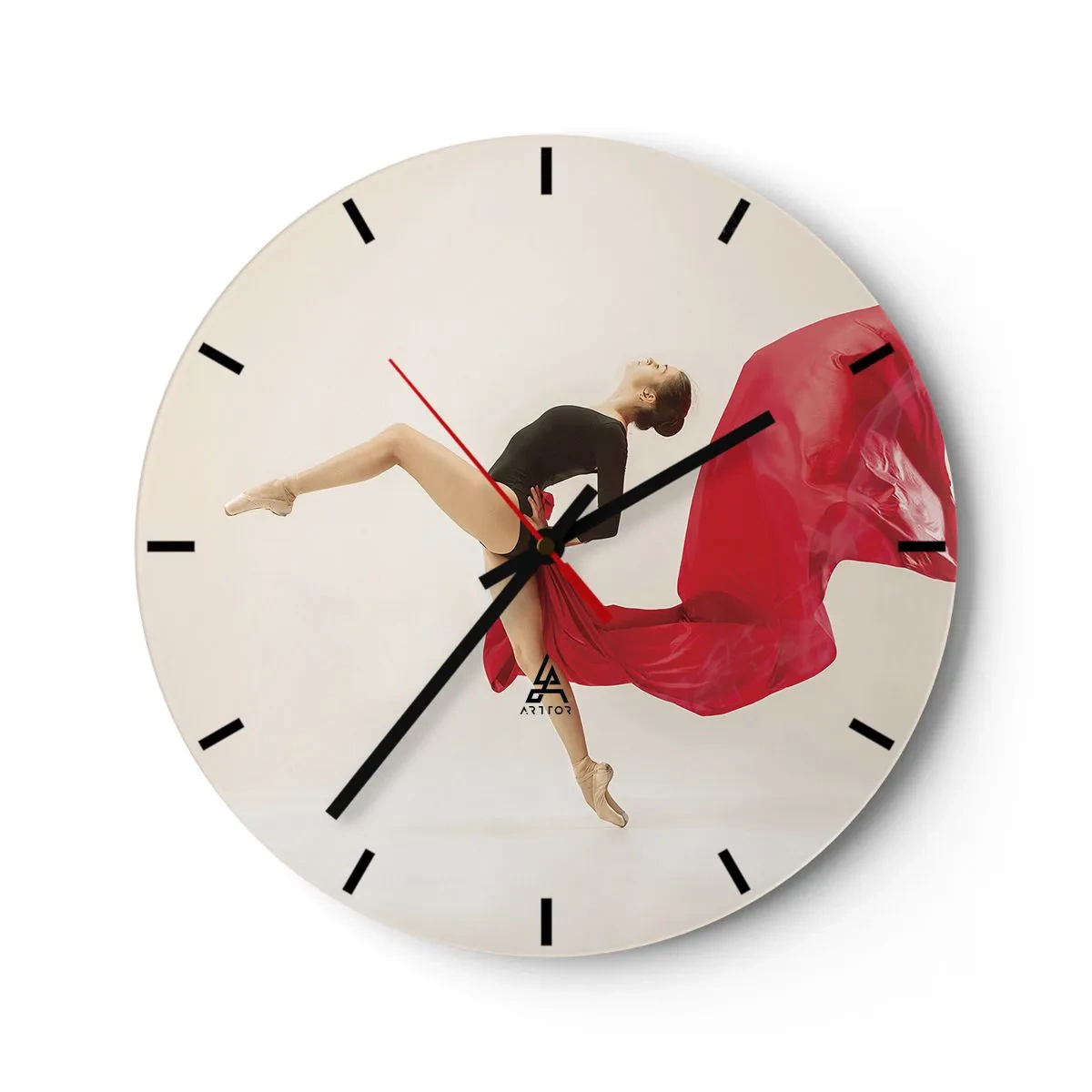Relógio de parede - Relógio em vidro - Uma dançarina em pose dinâmica com tecido vermelho - 30x30cm - Vermelho e preto - Decoração de parede moderna para a sala de estar, cozinha e quarto ARTTOR