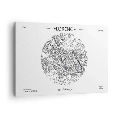 Quadro em tela - Um mapa de Florença em um estilo minimalista em preto e branco - 70x50cm - A anatomia de Florença - Decoração de parede moderna para a sala de estar e quarto ARTTOR