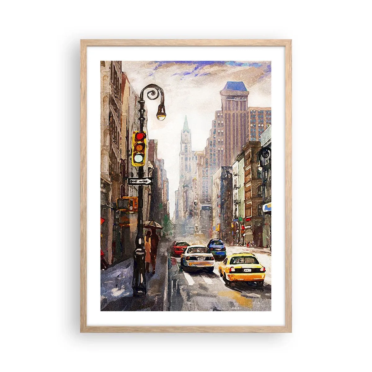 Pôster com moldura de carvalho claro - Nova York – colorida também na chuva - 50x70 cm