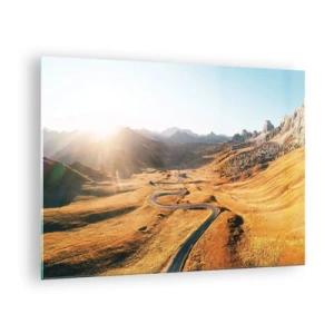 Quadro em vidro - Uma estrada sinuosa em um vale dourado iluminado pelo sol - 70x50cm - No Vale Dourado - Decoração de parede moderna para a sala de estar e quarto ARTTOR