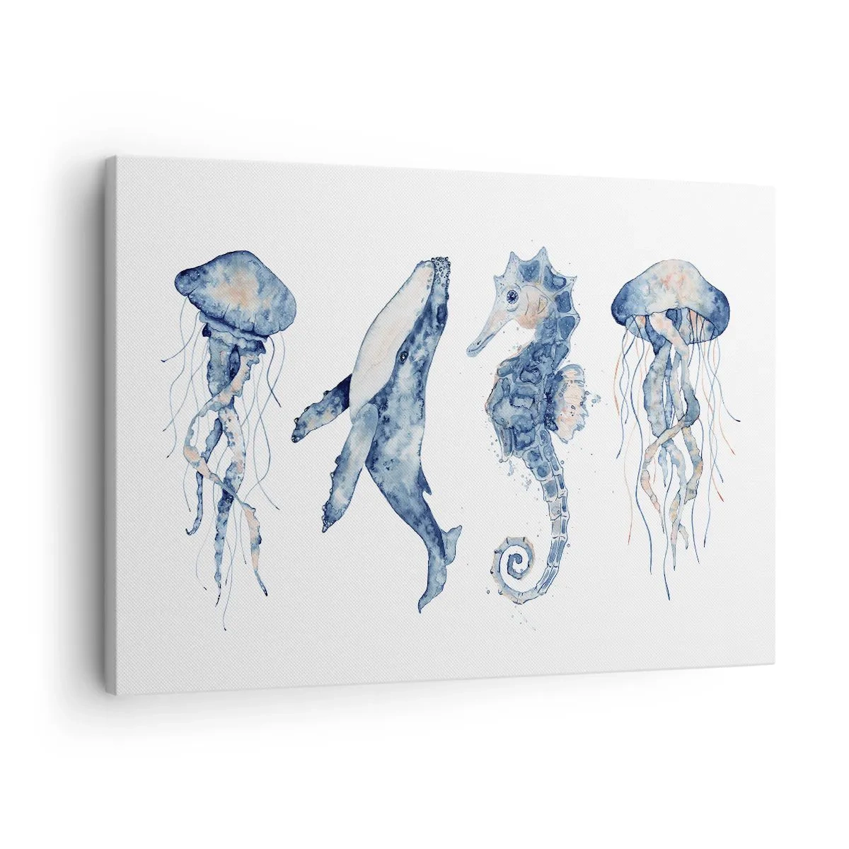 Quadro em tela - Água-viva, baleia e cavalo-marinho em estilo aquarela - 70x50cm - Maravilhas do mar - Decoração de parede moderna para a sala de estar e quarto ARTTOR