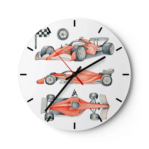 Relógio de parede - Relógio em vidro - Carros de corrida vermelhos e uma bandeira quadriculada em um fundo branco - 30x30cm - Persiga seu sonho - Decoração de parede moderna para a sala de estar, cozinha e quarto ARTTOR