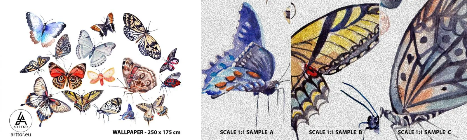 Amostra de papel de parede Premium Sand - Enxame colorido - Para crianças, Borboletas Coloridas, Gráficos - 100x30 cm