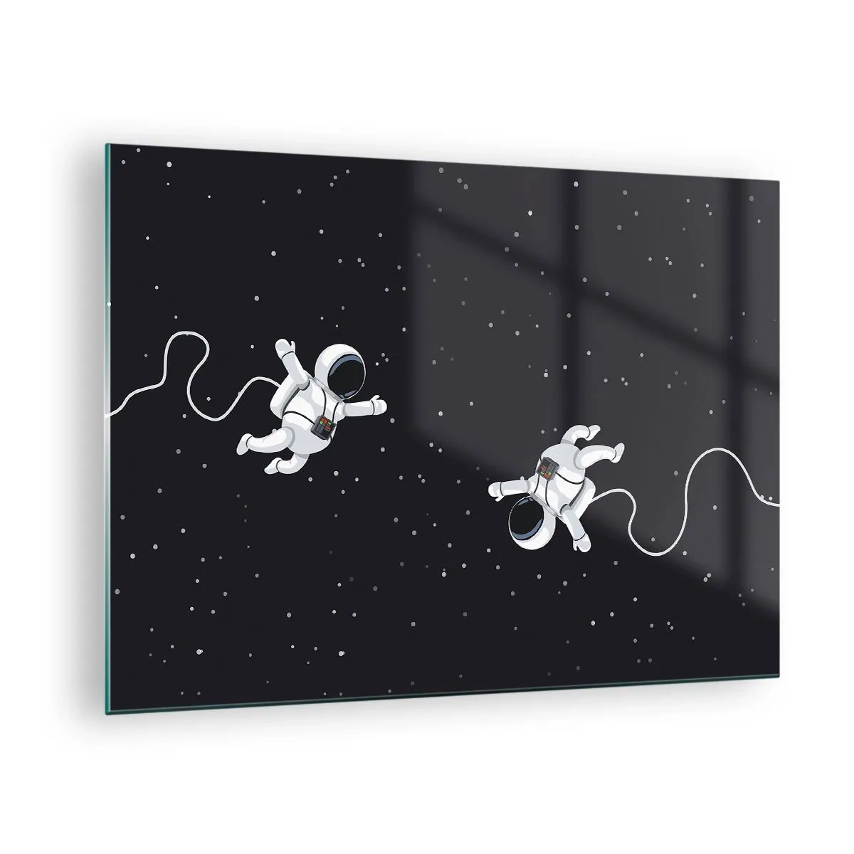 Quadro em vidro - Dois astronautas flutuando no espaço - 70x50cm - Emaranhado Cósmico - Decoração de parede moderna para a sala de estar e quarto ARTTOR
