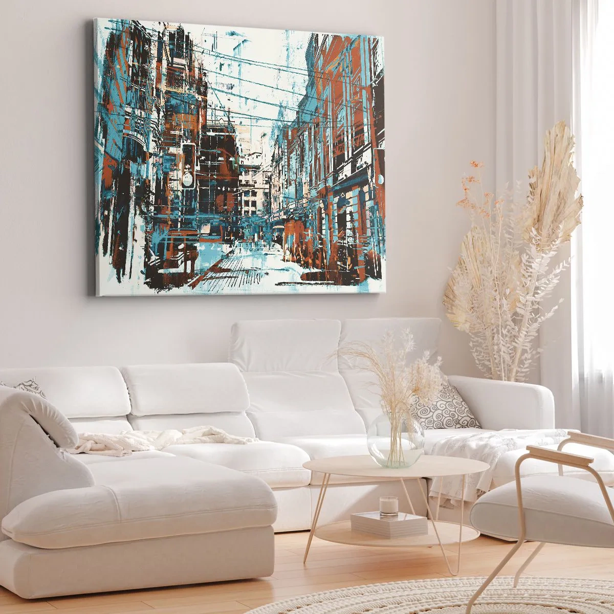 Quadro em tela - Uma paisagem urbana em tons de azul e laranja - 70x50cm - Um desgastado percurso urbano - Decoração de parede moderna para a sala de estar e quarto ARTTOR