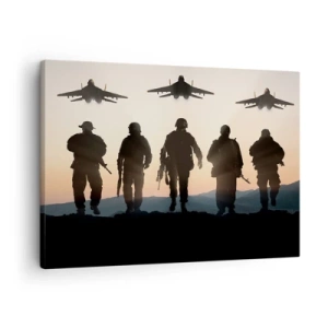 Quadro em tela - Silhuetas de soldados e caças contra o pôr do sol - 70x50cm - Bem-vindo ao nosso mundo - Decoração de parede moderna para a sala de estar e quarto ARTTOR